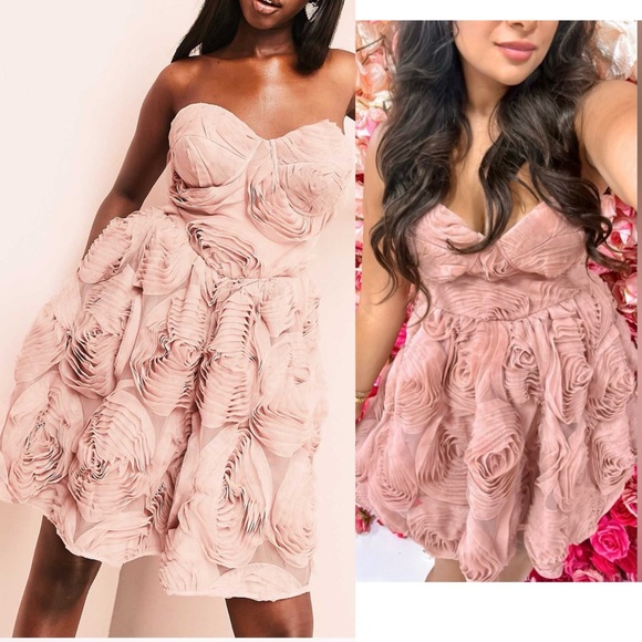 NWOT ASOS LUXE bandeau corsetted 3 D floral mini skater dress in pink - Picture 1 of 9